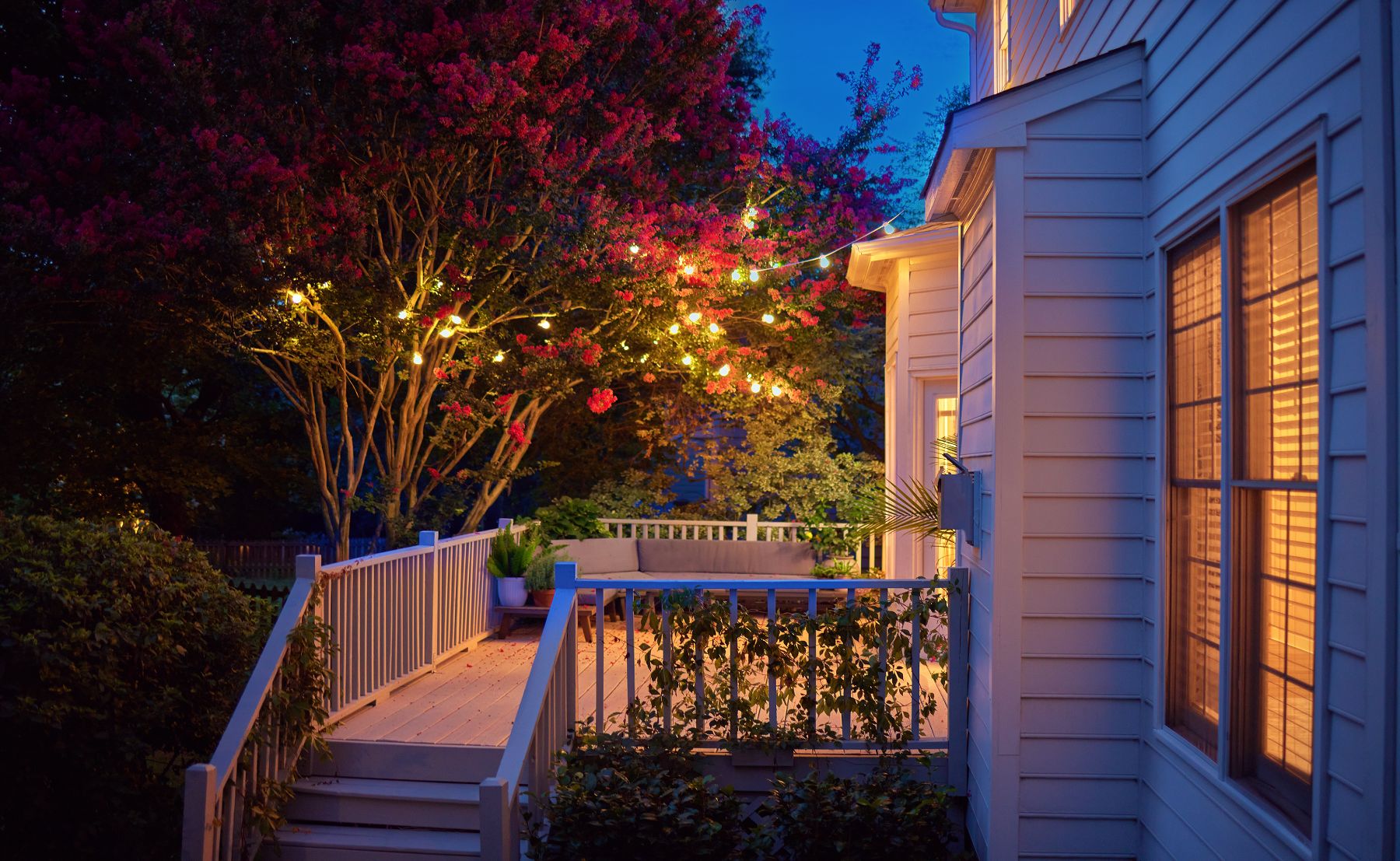 Backyard deck with string lights at dusk