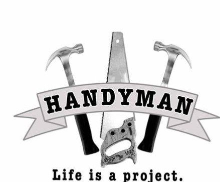 Handyman logo with two claw hammers, wedge, and banner reading "HANDYMAN" with tagline "Life is a project