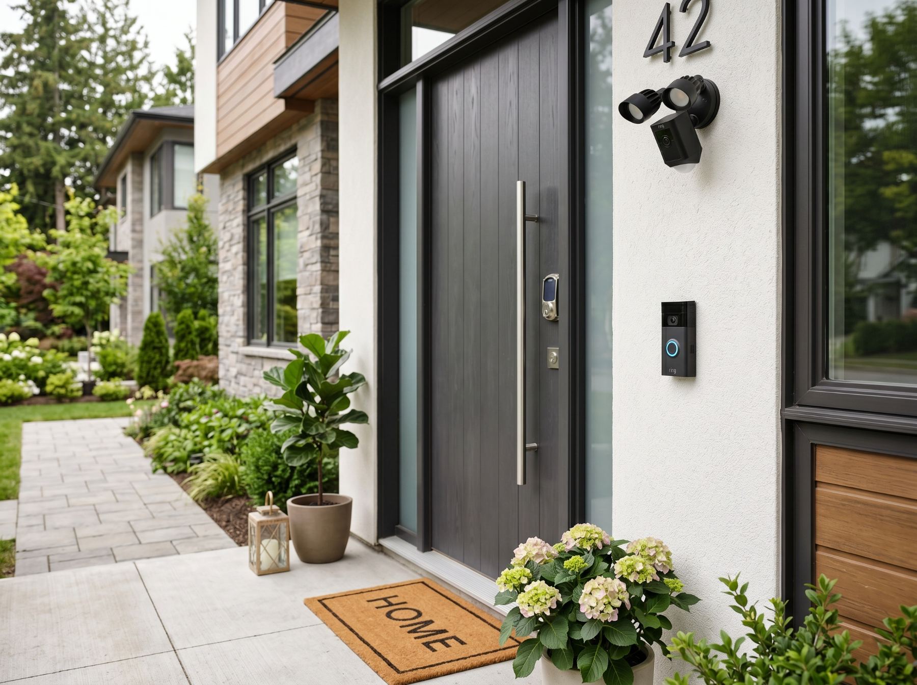 Modern home entrance with dark door, security camera, video doorbell, and "HOME" welcome mat